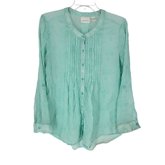 Kandyce Sheer Shirt Feminine fairy Embroidered Details Size Medium Aqua - Picture 1 of 3